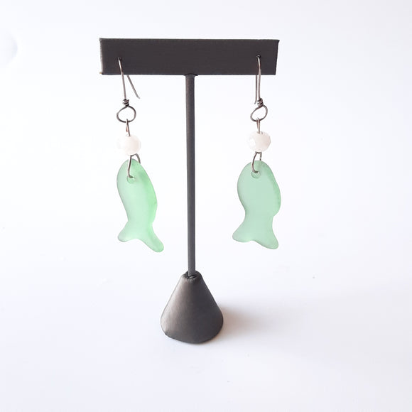 Sea Glass/Depression Glass Fish Earings Sterling Silver