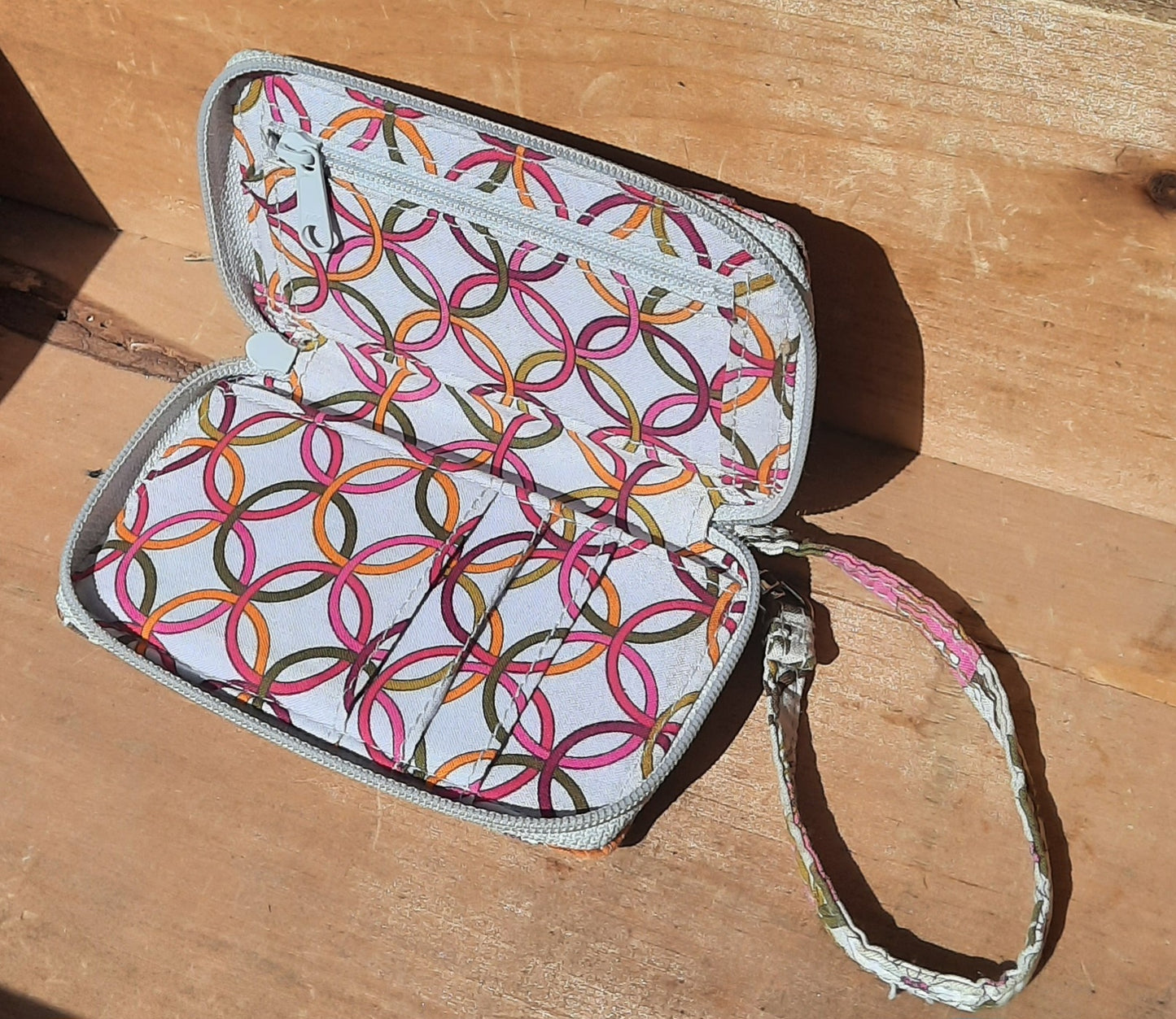 Pre Owned Vera Bradley Pink and Grey Tea Garden Wristlet. Pink Orange Yellow Flowers