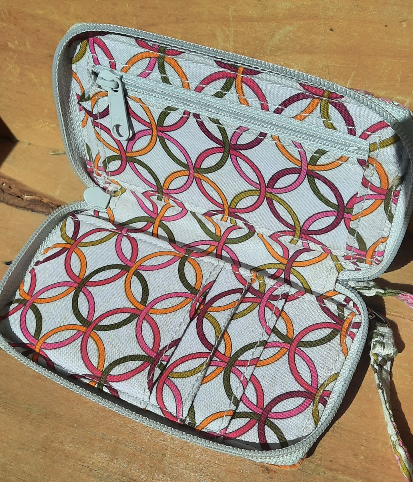 Pre Owned Vera Bradley Pink and Grey Tea Garden Wristlet. Pink Orange Yellow Flowers
