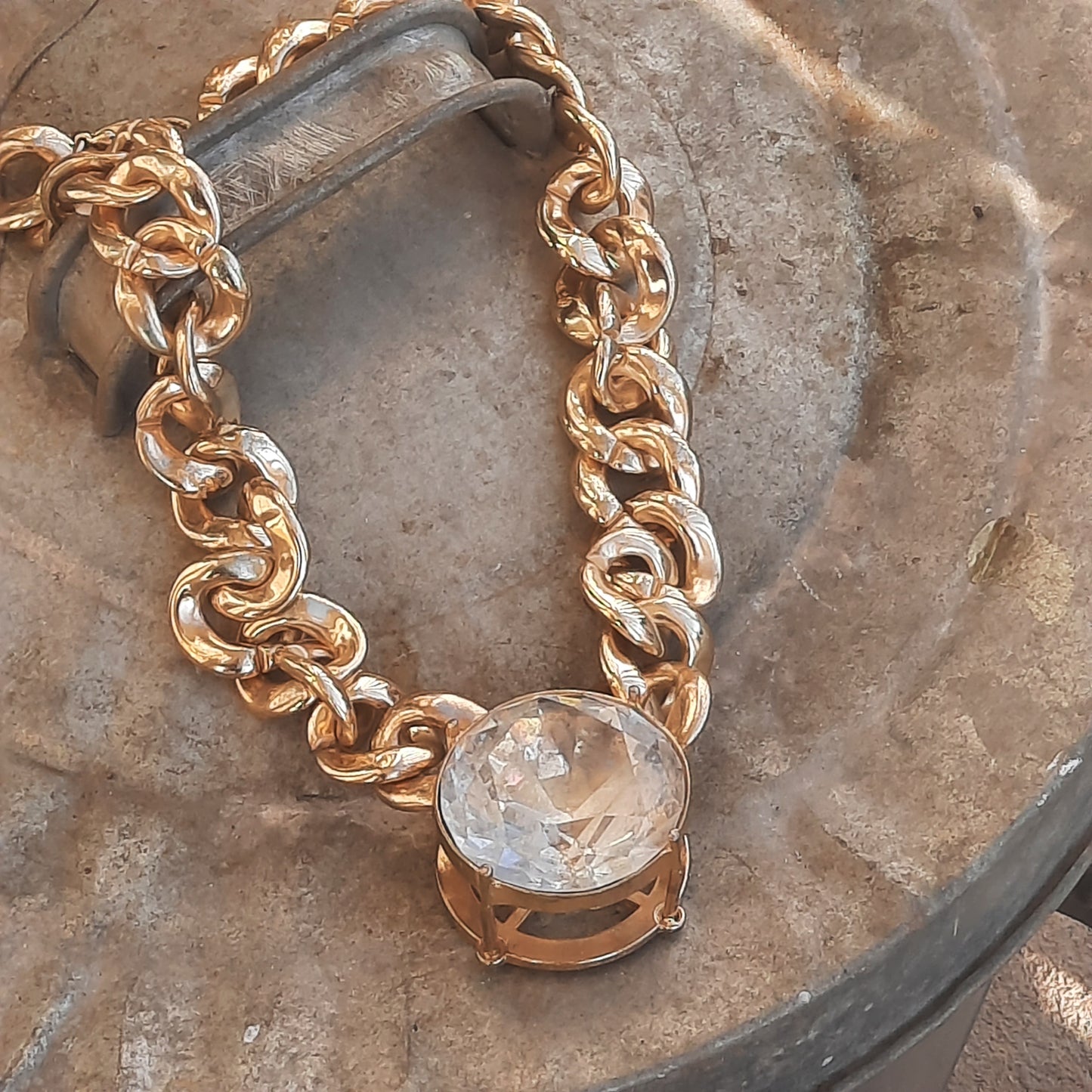Gold Toned Vintage Chunky Necklace Big Gem