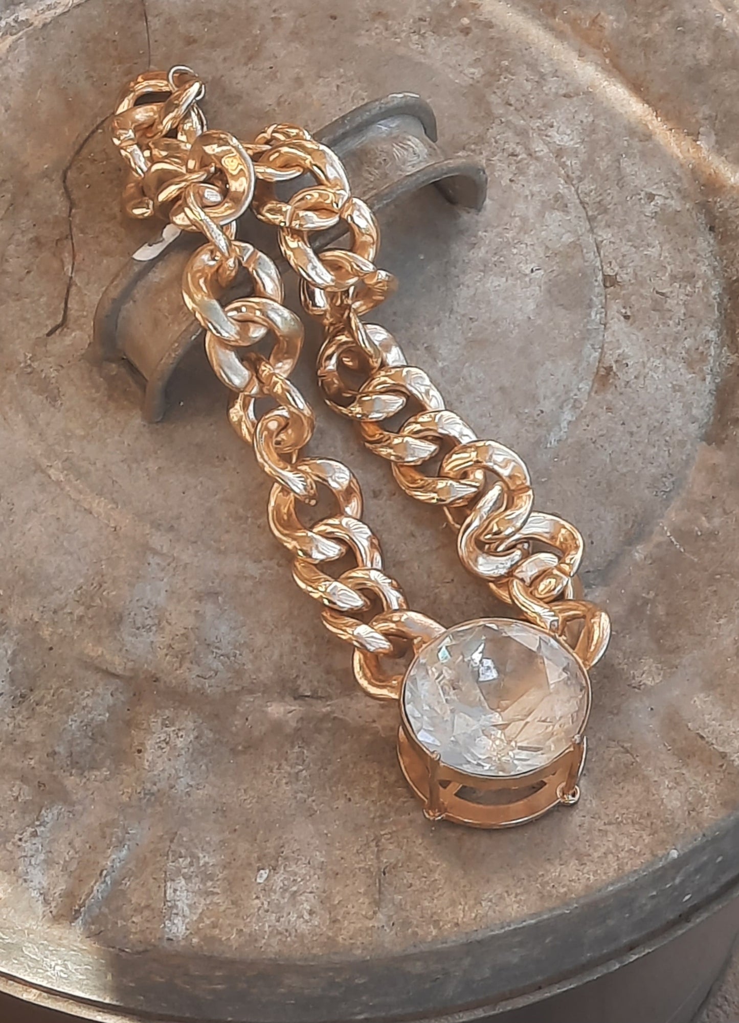 Gold Toned Vintage Chunky Necklace Big Gem