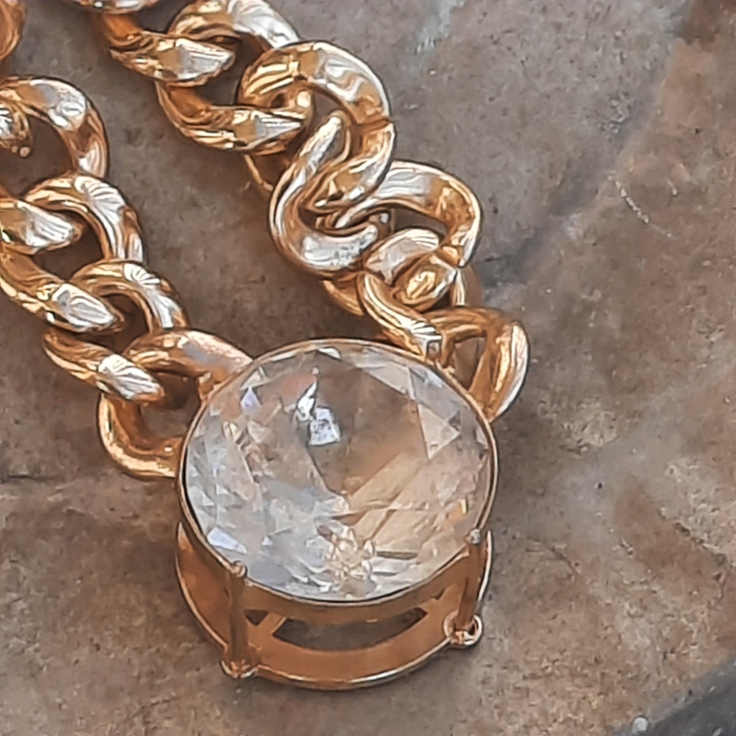 Gold Toned Vintage Chunky Necklace Big Gem
