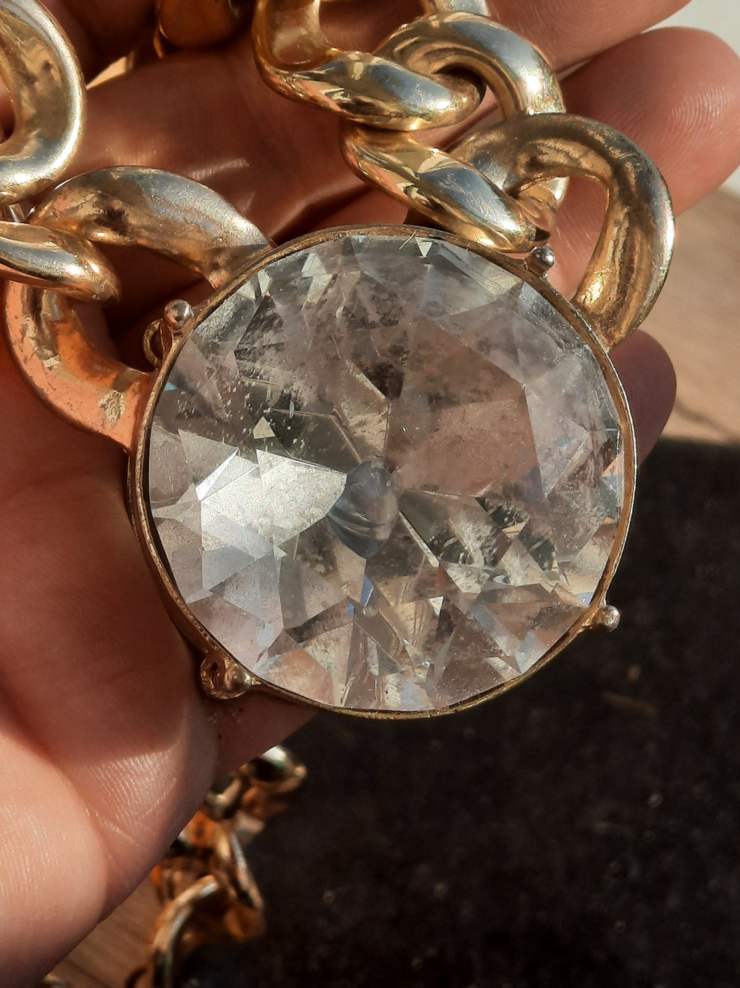 Gold Toned Vintage Chunky Necklace Big Gem