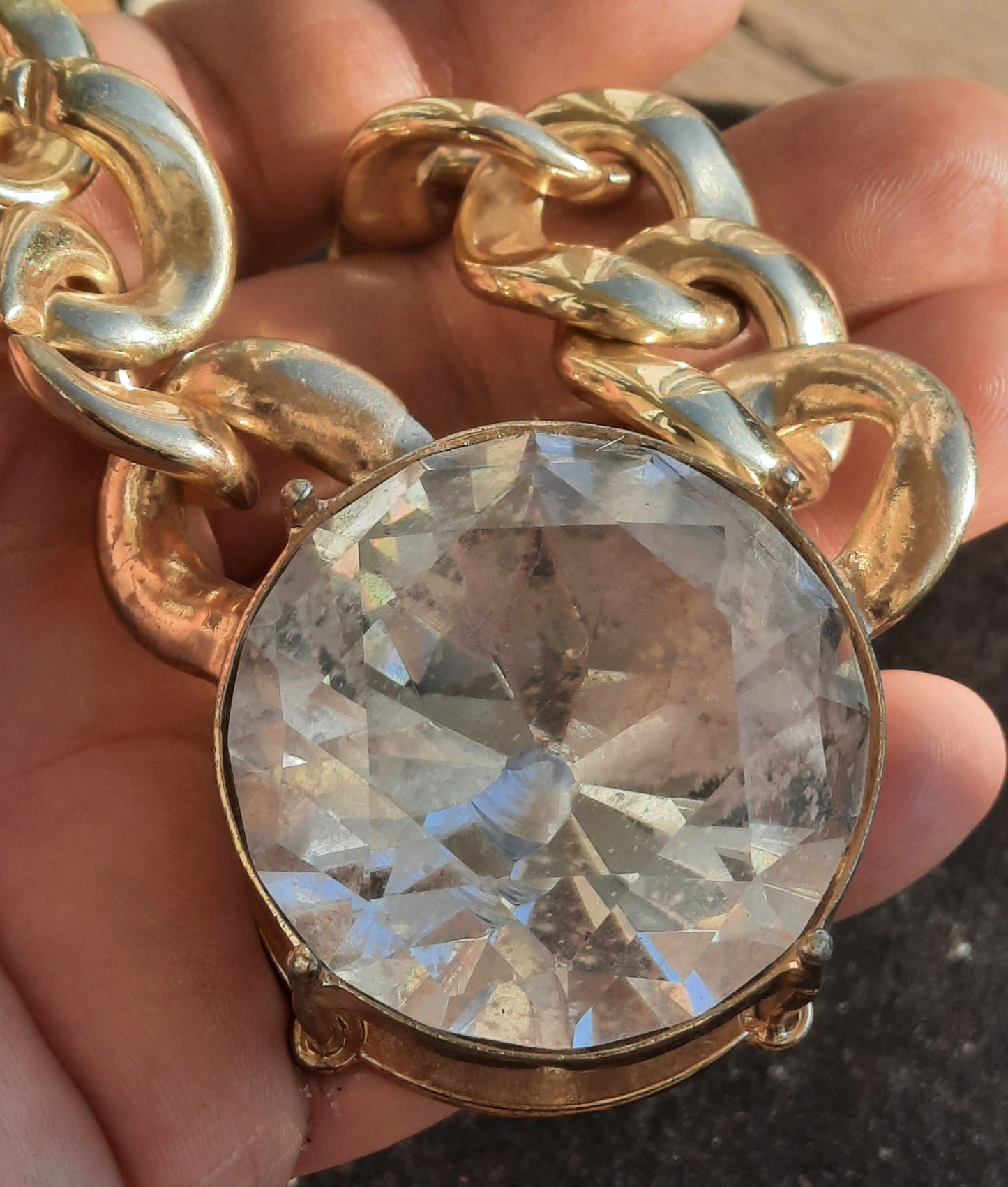 Gold Toned Vintage Chunky Necklace Big Gem
