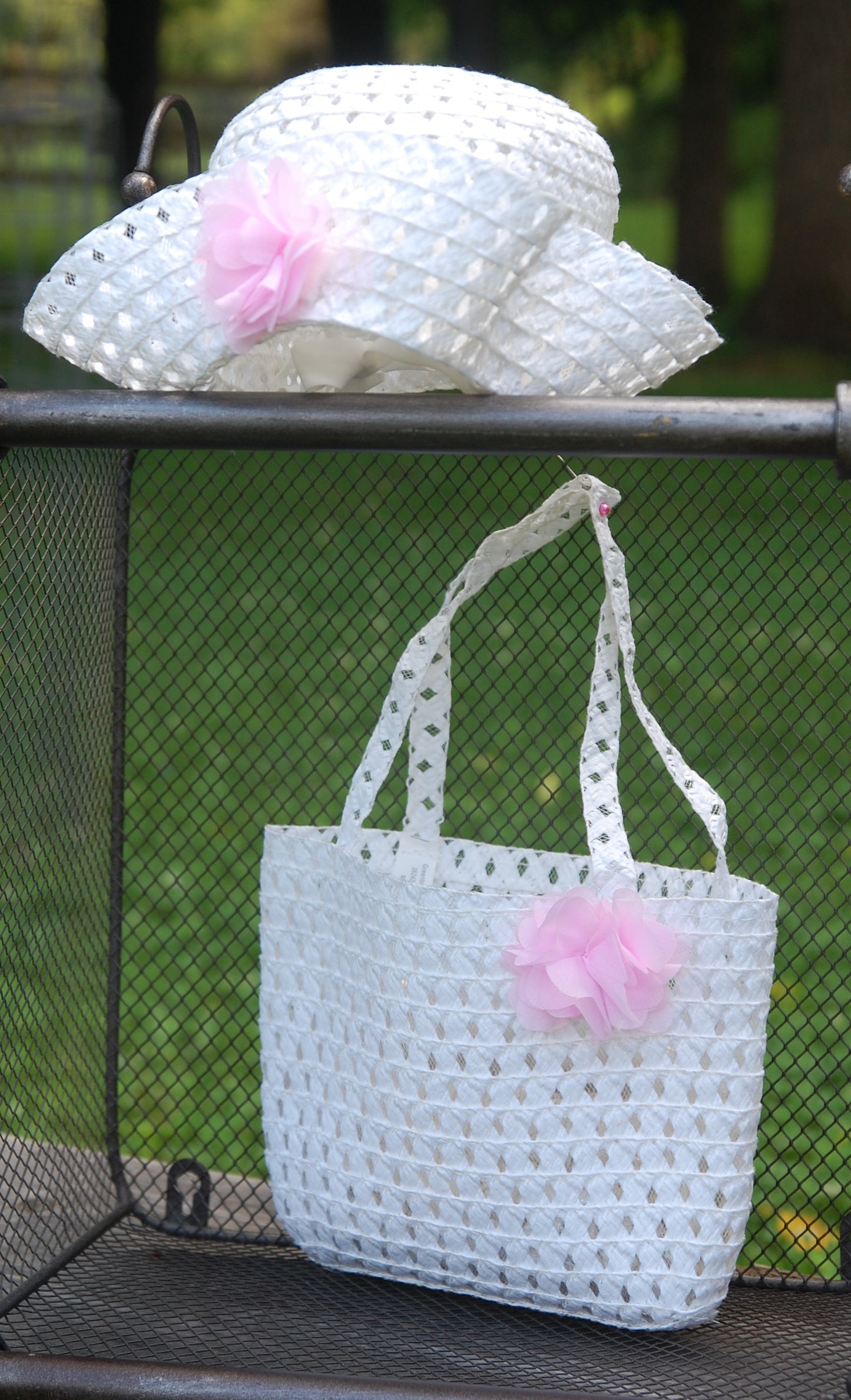 Baby Girl White Woven Hat and Purse
