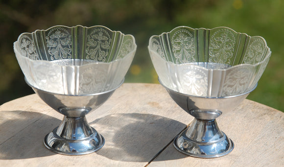 Vintage Depression Glass Sherbert/Ice Cream Dishes. Chrome based Etched Glass Insert
