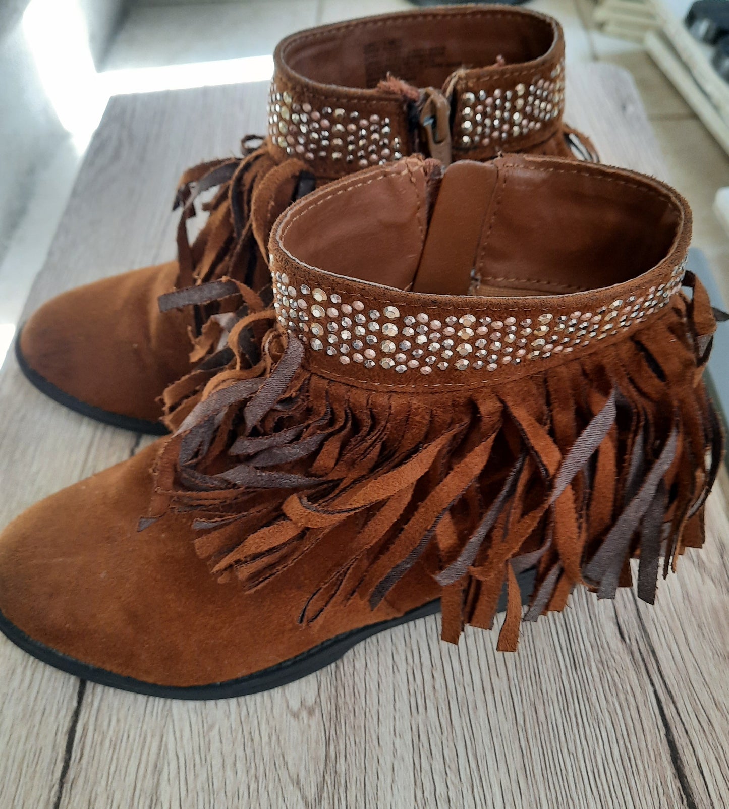 SO Girl's Faux Suede Ankle Boots Raquel Cognac Brown Zipper Fringe Size 1M