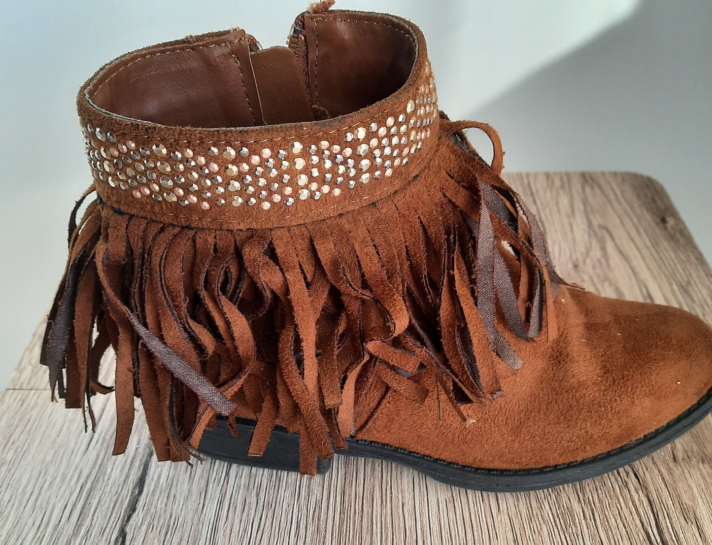 SO Girl's Faux Suede Ankle Boots Raquel Cognac Brown Zipper Fringe Size 1M