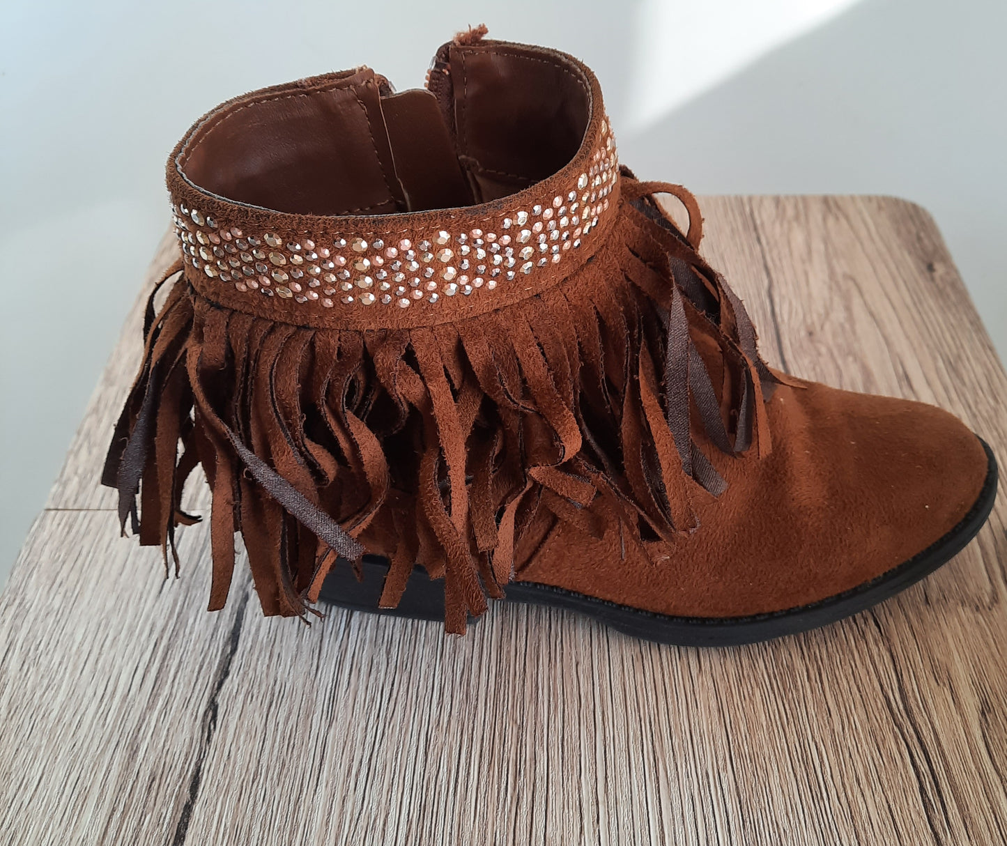 SO Girl's Faux Suede Ankle Boots Raquel Cognac Brown Zipper Fringe Size 1M