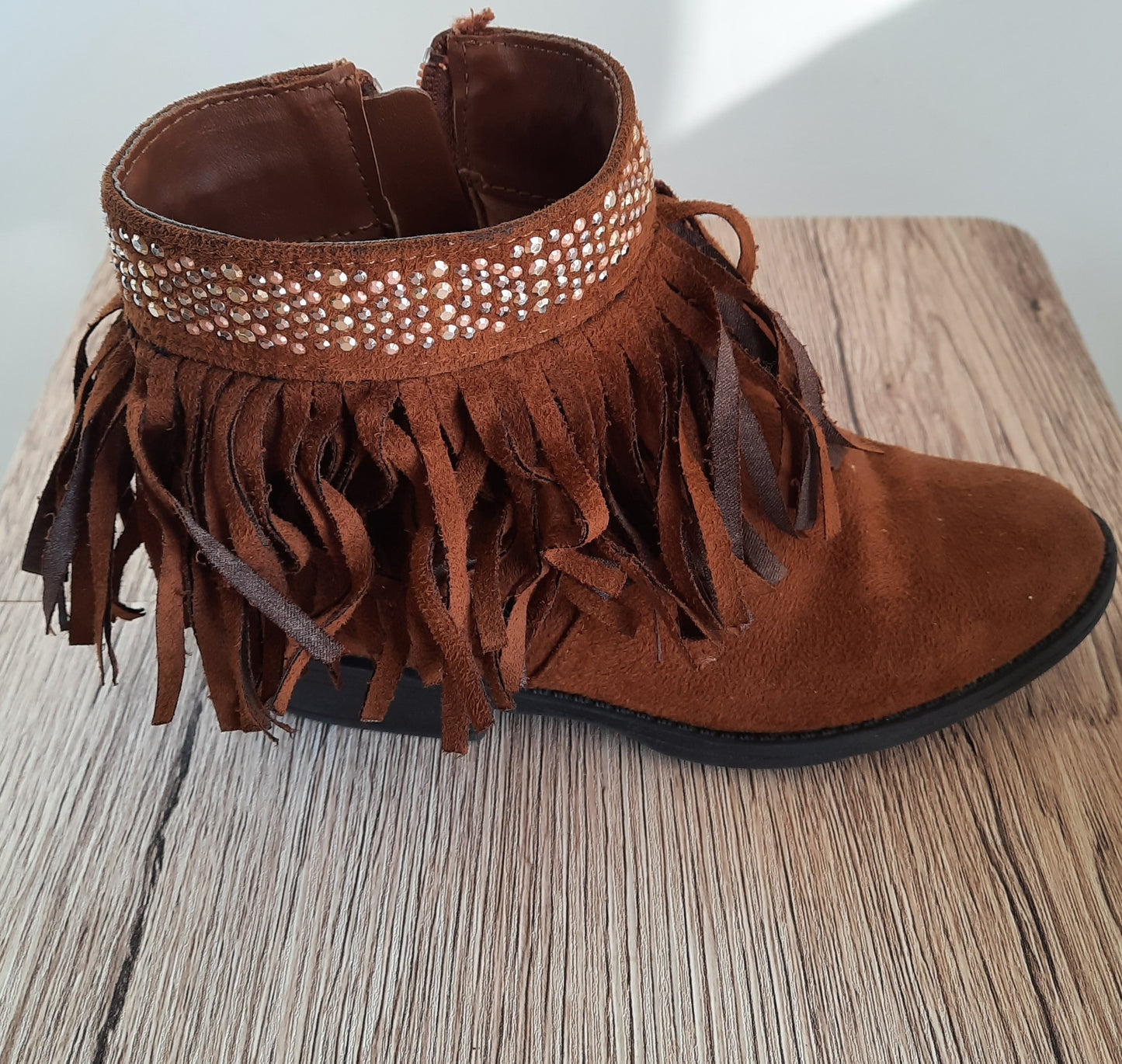 SO Girl's Faux Suede Ankle Boots Raquel Cognac Brown Zipper Fringe Size 1M