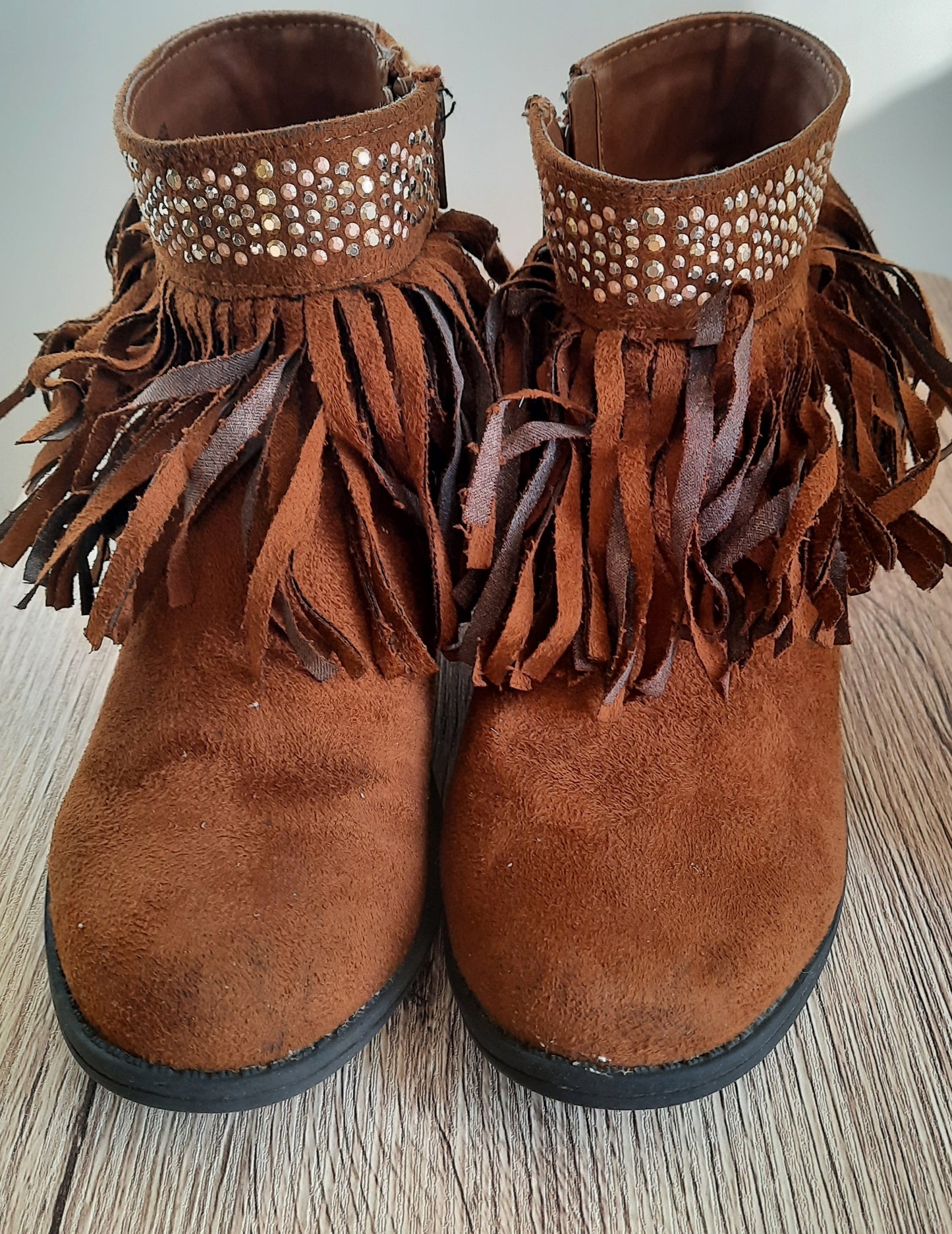 SO Girl's Faux Suede Ankle Boots Raquel Cognac Brown Zipper Fringe Size 1M