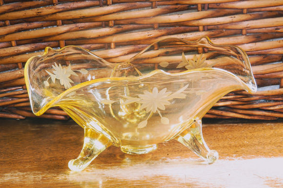 Yellow Clear Etched Depression Glass Candy Dish  Mid Century