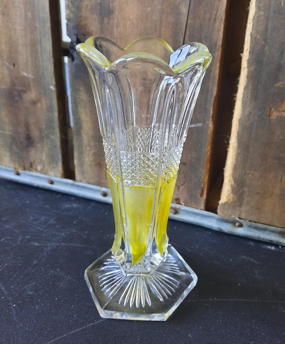Small Footed Depression Glass Yellow Painted Bud Vase