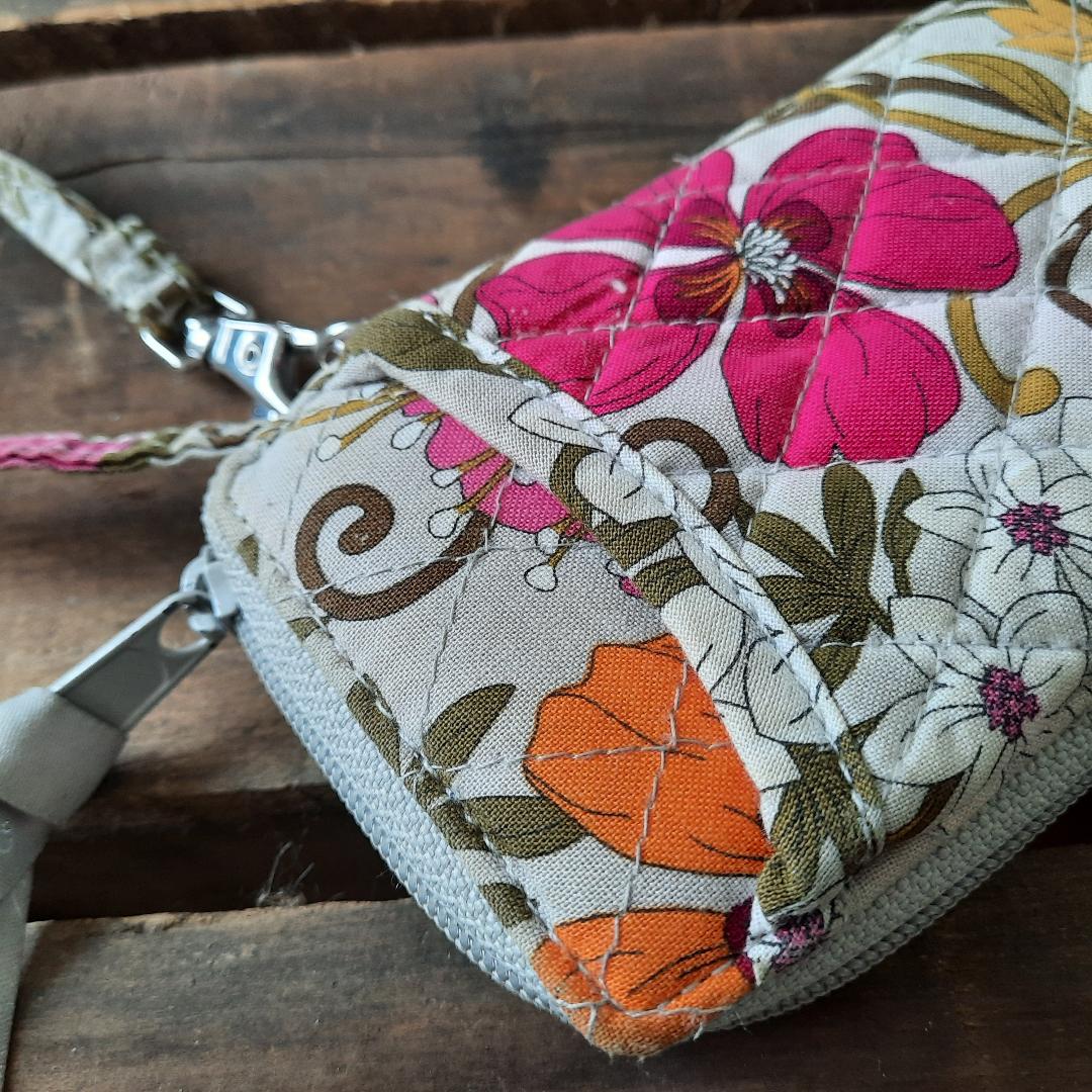 Pre Owned Vera Bradley Pink and Grey Tea Garden Wristlet. Pink Orange Yellow Flowers