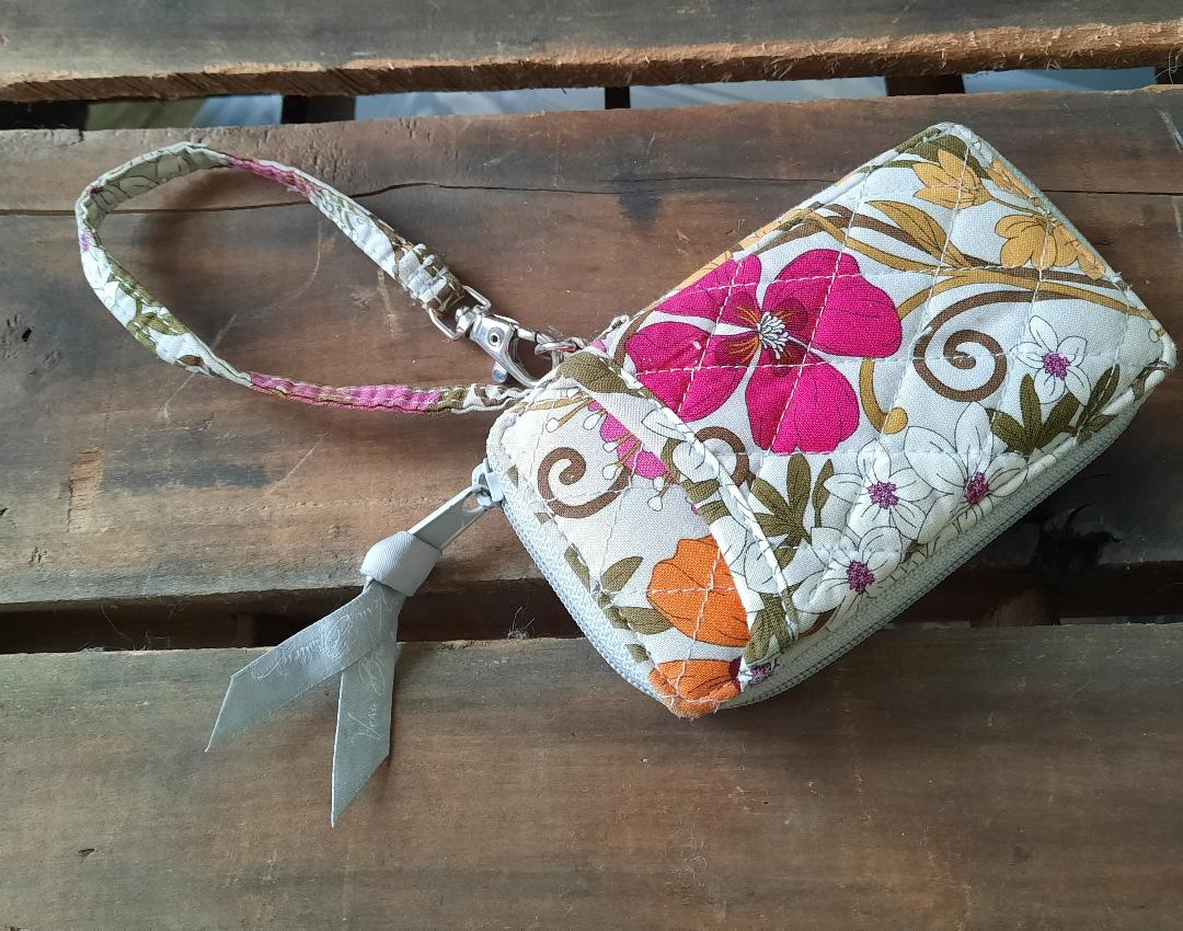 Pre Owned Vera Bradley Pink and Grey Tea Garden Wristlet. Pink Orange Yellow Flowers