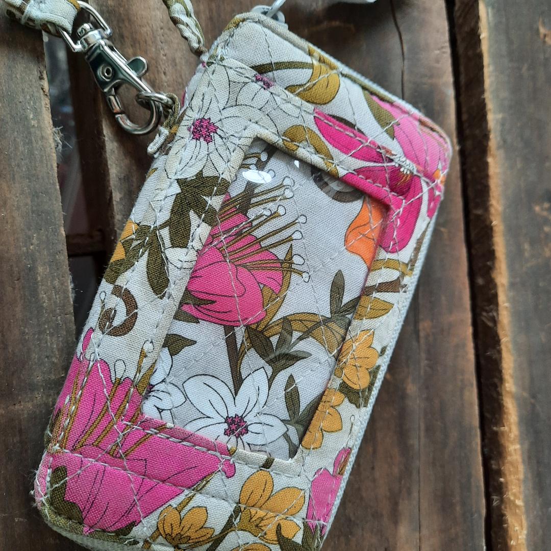 Pre Owned Vera Bradley Pink and Grey Tea Garden Wristlet. Pink Orange Yellow Flowers