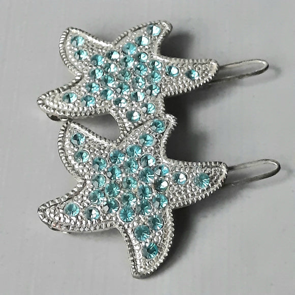 Vintage Star Fish Hair Clips Silver Tone Blue Gems