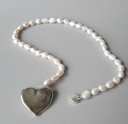 Freshwater Water Pearl Necklace with Sterling Silver Heart