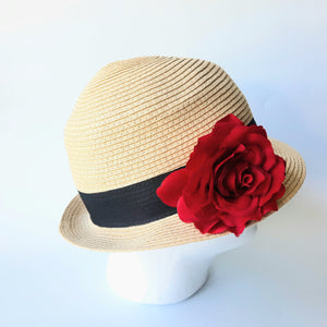 Girls Straw Hat Red Flower S/M