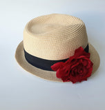 Girls Straw Hat Red Flower S/M
