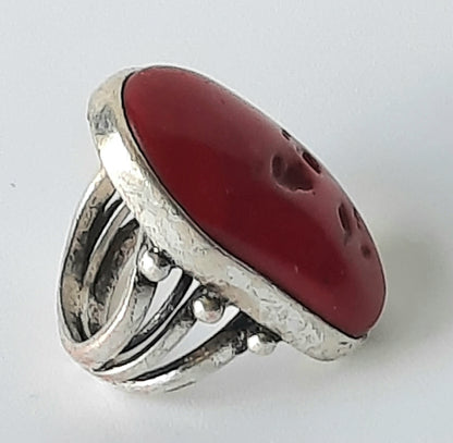 "Lucky Brand" Silver Toned Red Stone Ring Size 8 adjustable to smaller size.