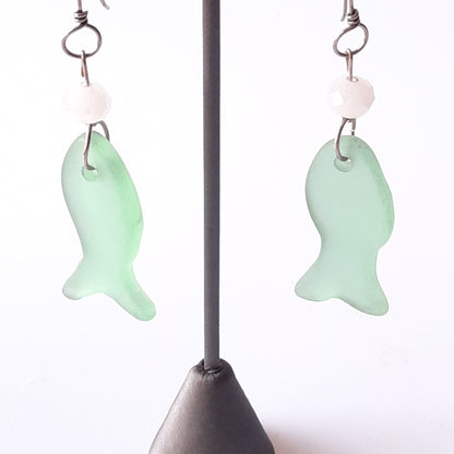 Sea Glass/Depression Glass Fish Earings Sterling Silver