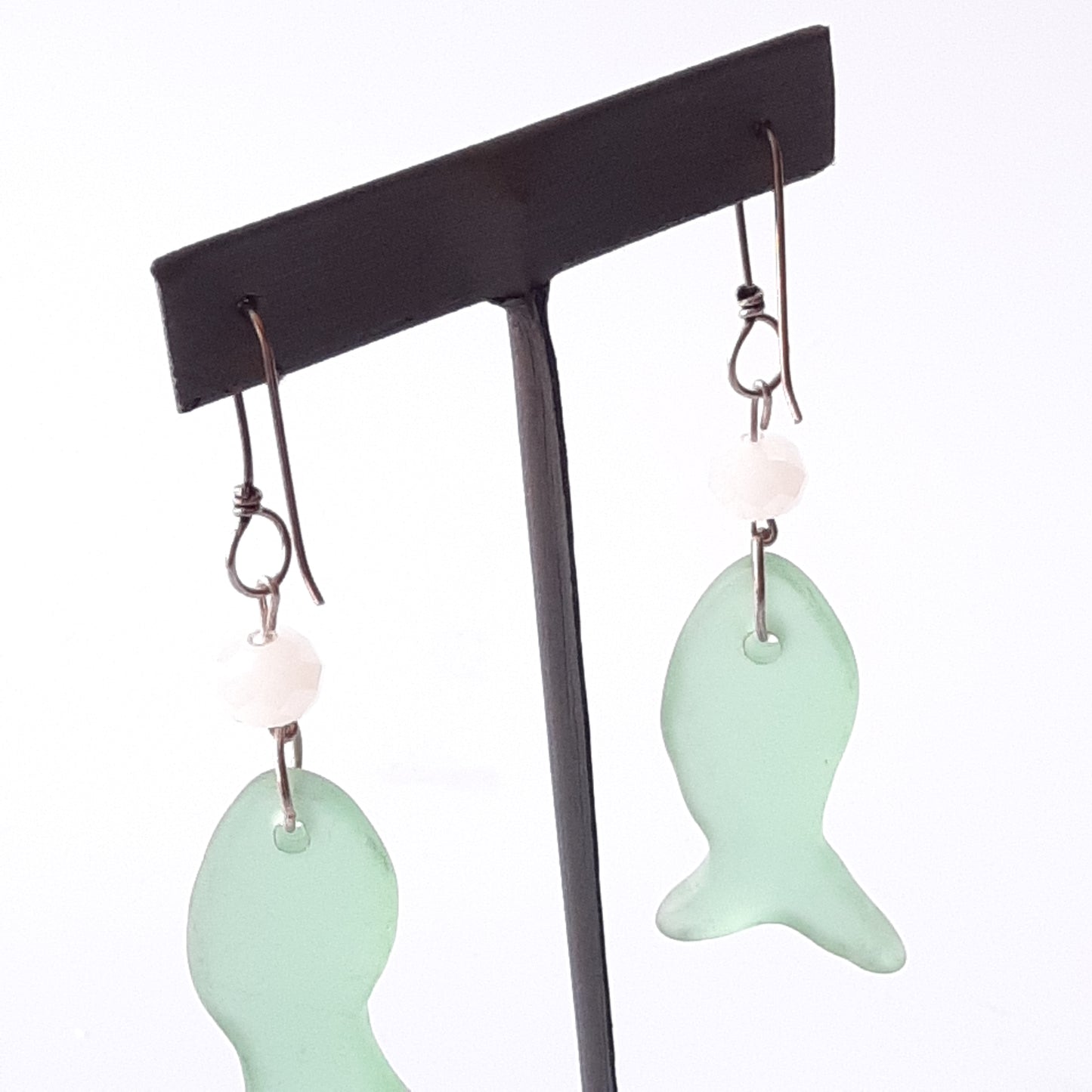 Sea Glass/Depression Glass Fish Earings Sterling Silver