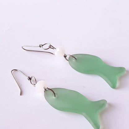 Sea Glass/Depression Glass Fish Earings Sterling Silver