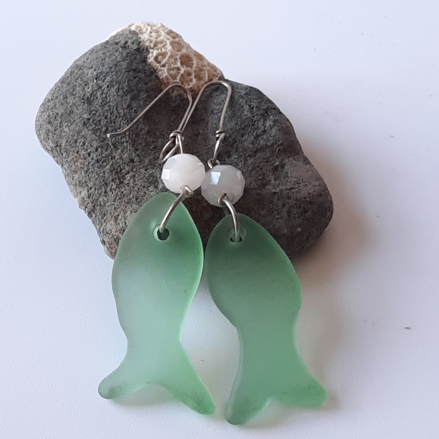 Sea Glass/Depression Glass Fish Earings Sterling Silver