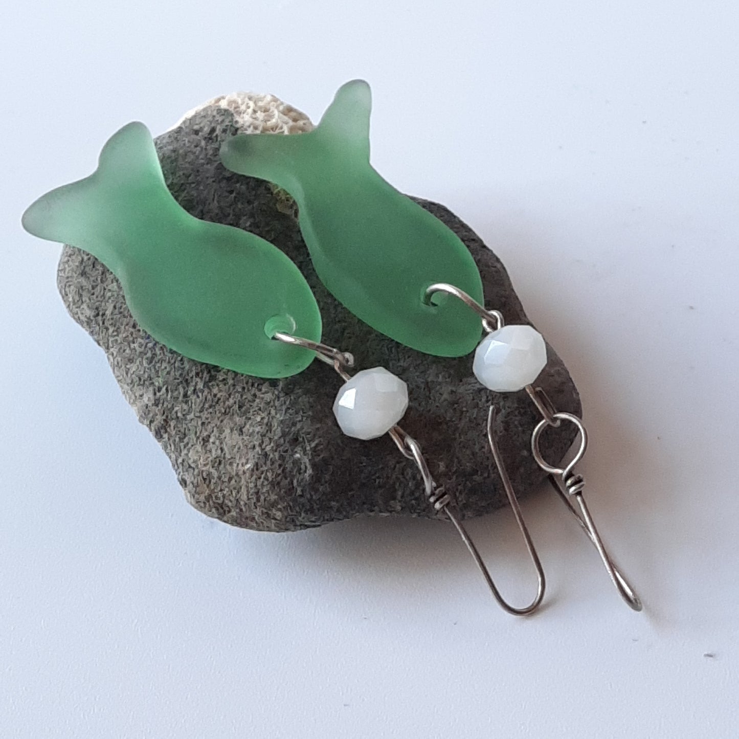 Sea Glass/Depression Glass Fish Earings Sterling Silver