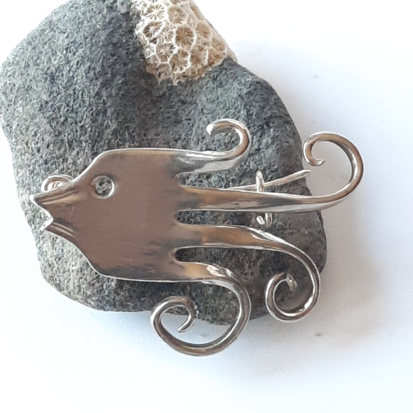 Sterling Silver Plate Repurposed Fork Angel Fish Pin Hand Made