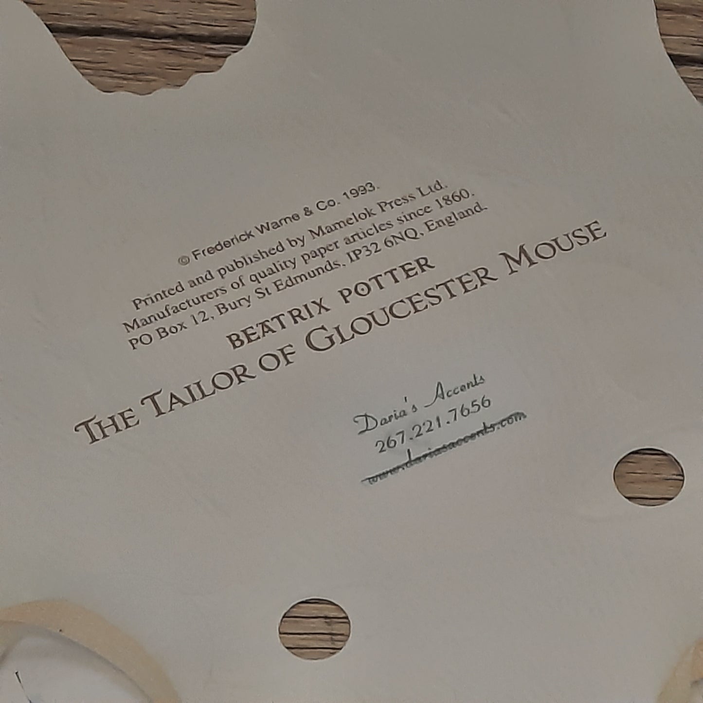 Beatrix Potter "The Tailor Of Gloucester Mouse" Paper Mask 1993