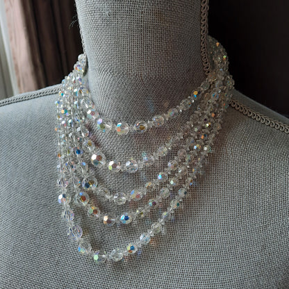 Vintage Crystal Aurora Borealis Faceted 5 Strand Necklace 1950's