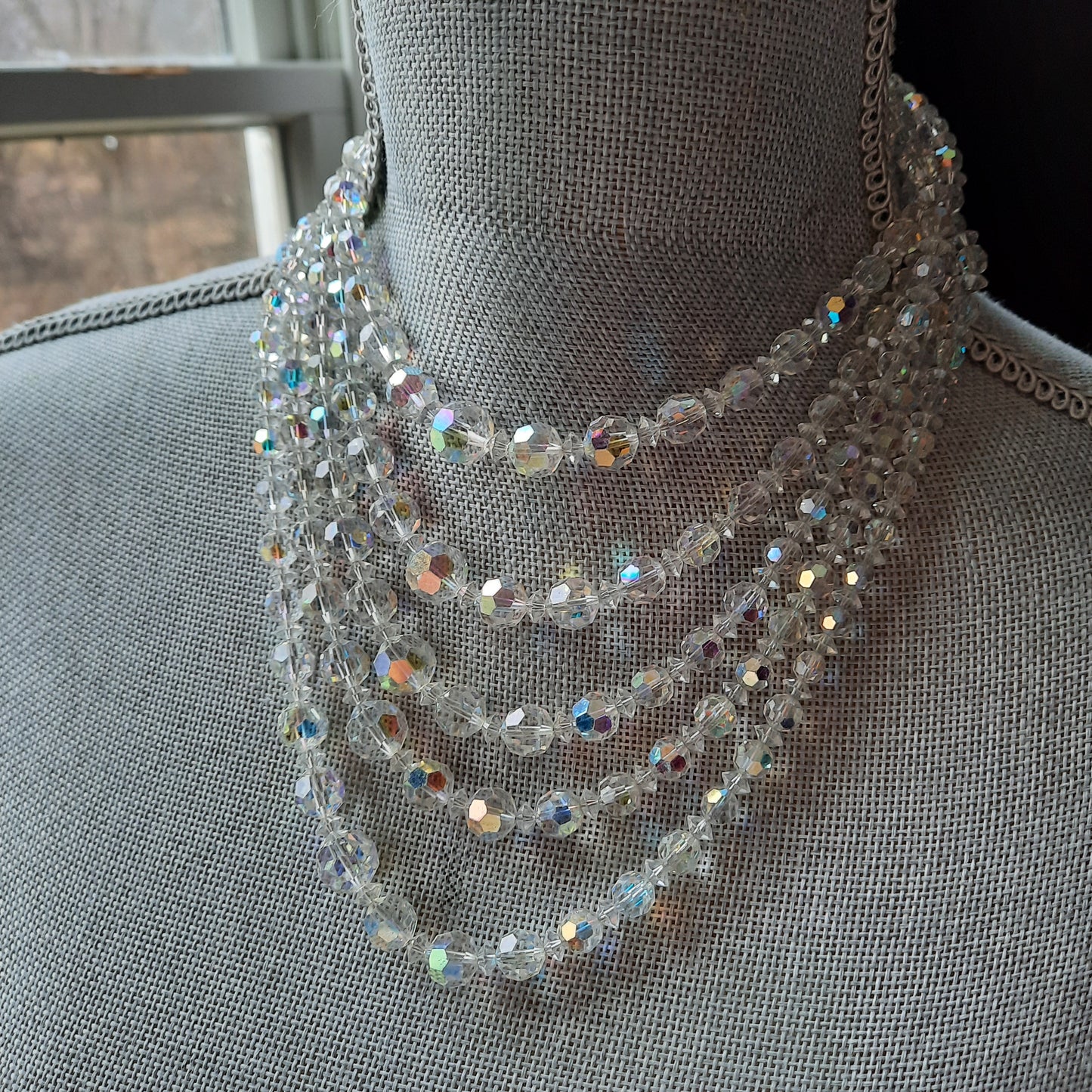 Vintage Crystal Aurora Borealis Faceted 5 Strand Necklace 1950's