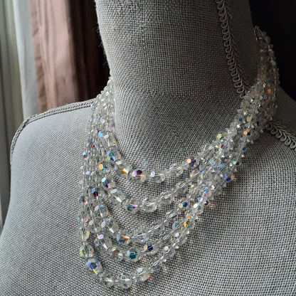 Vintage Crystal Aurora Borealis Faceted 5 Strand Necklace 1950's