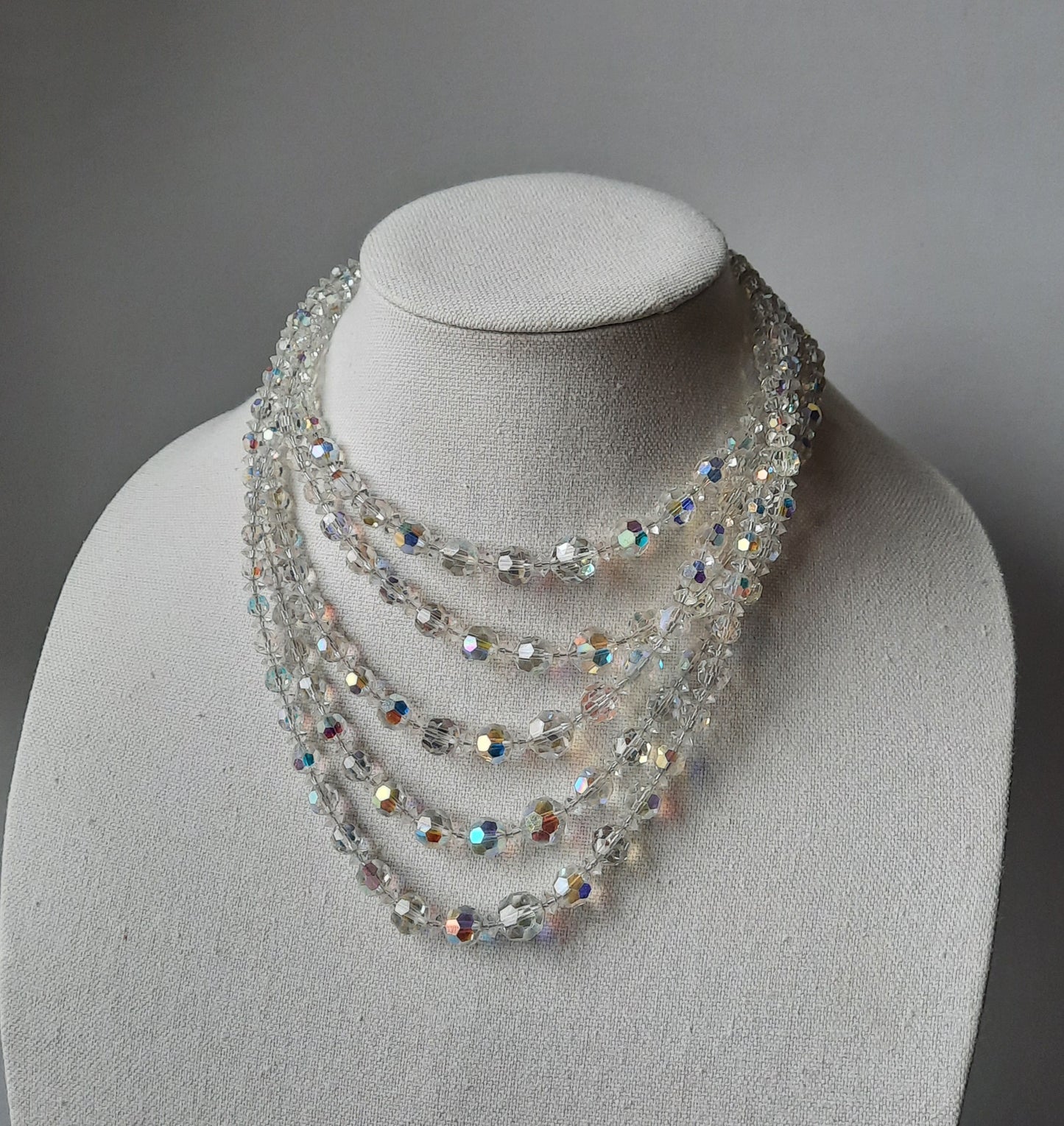 Vintage Crystal Aurora Borealis Faceted 5 Strand Necklace 1950's