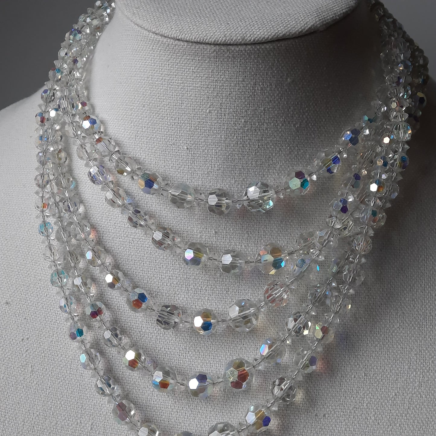 Vintage Crystal Aurora Borealis Faceted 5 Strand Necklace 1950's