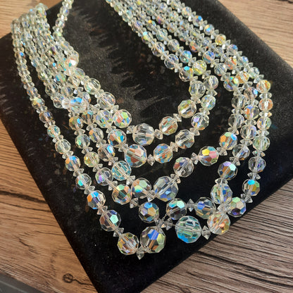 Vintage Crystal Aurora Borealis Faceted 5 Strand Necklace 1950's