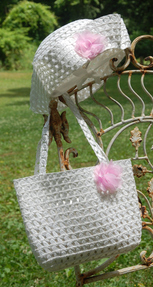 Baby Girl White Woven Hat and Purse