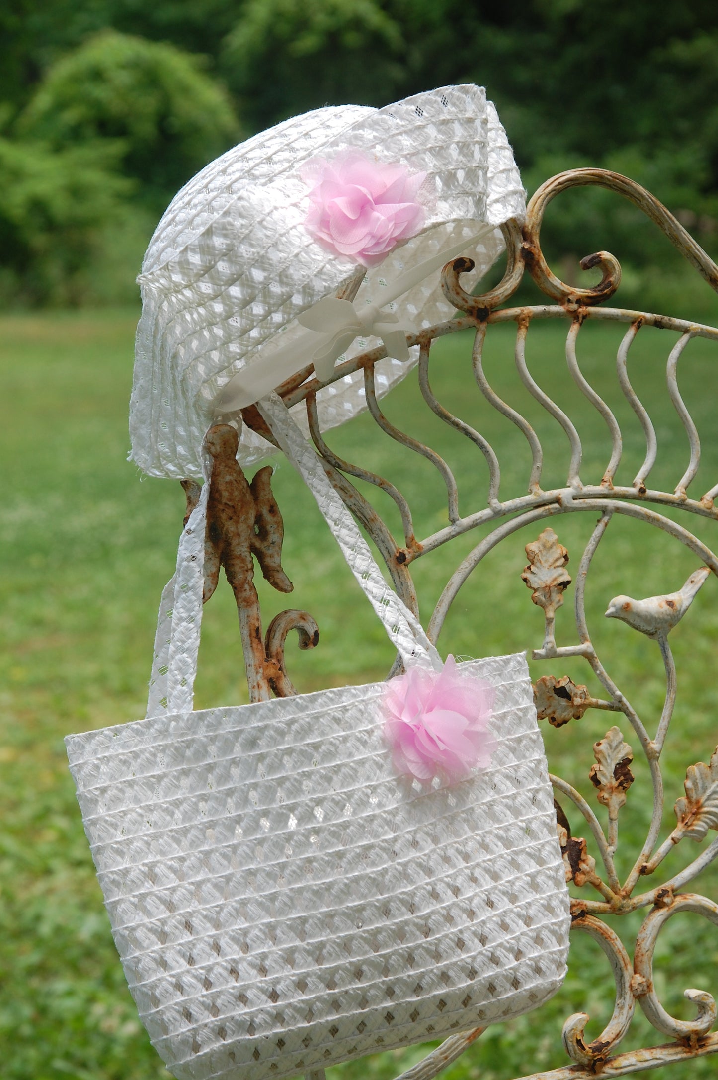 Baby Girl White Woven Hat and Purse