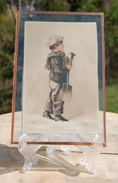 Vintage Post Card Art  ( Young Man With Shovel In The Snow) 4x 6in.