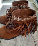 SO Girl's Faux Suede Ankle Boots Raquel Cognac Brown Zipper Fringe Size 1M