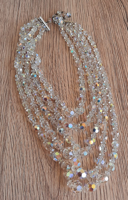 Vintage Crystal Aurora Borealis Faceted 5 Strand Necklace 1950's