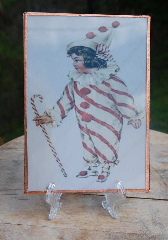 New Vintage Soldered look wall hanging/ Child clown with striped cane 5 x7