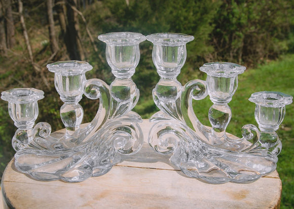 Pair Of Vintage Clear Glass Triple Candle Stick Holders
