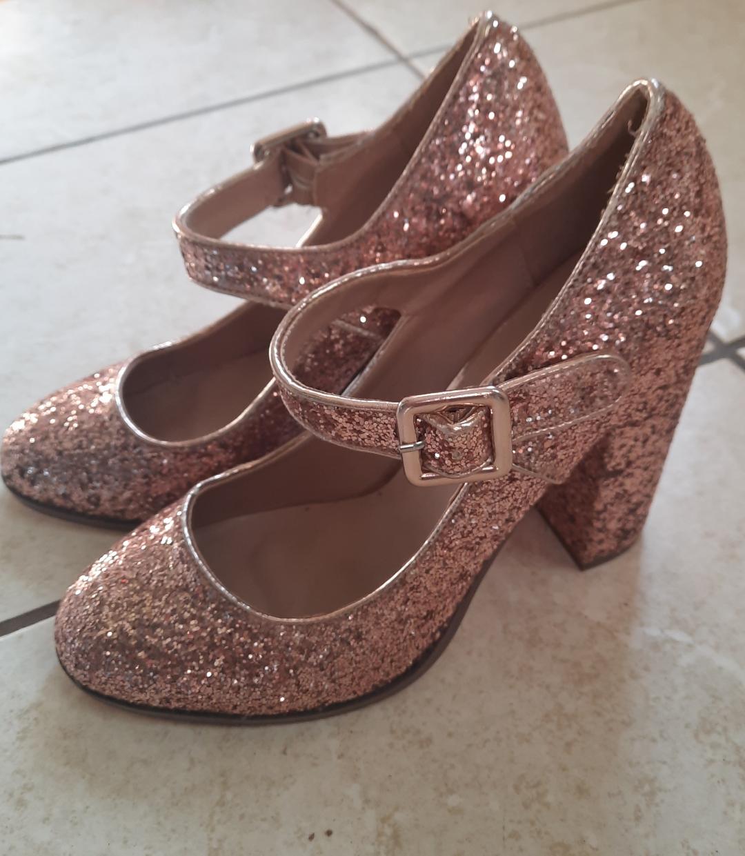 Mix No 6 Rose Pink Glitter Chunky Block Heel, Baby Doll Pumps size 7.5 ladies shoes