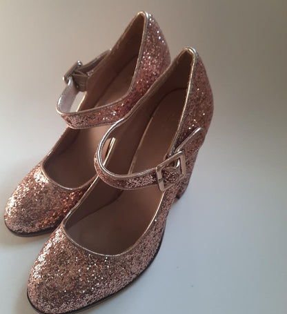 Mix No 6 Rose Pink Glitter Chunky Block Heel, Baby Doll Pumps size 7.5 ladies shoes