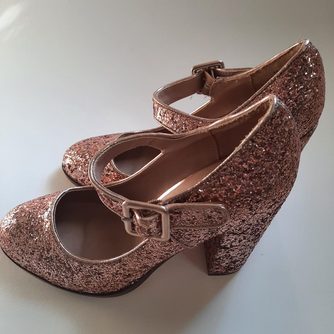 Mix No 6 Rose Pink Glitter Chunky Block Heel, Baby Doll Pumps size 7.5 ladies shoes