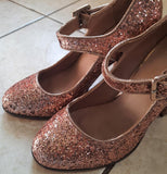 Mix No 6 Rose Pink Glitter Chunky Block Heel, Baby Doll Pumps size 7.5 ladies shoes