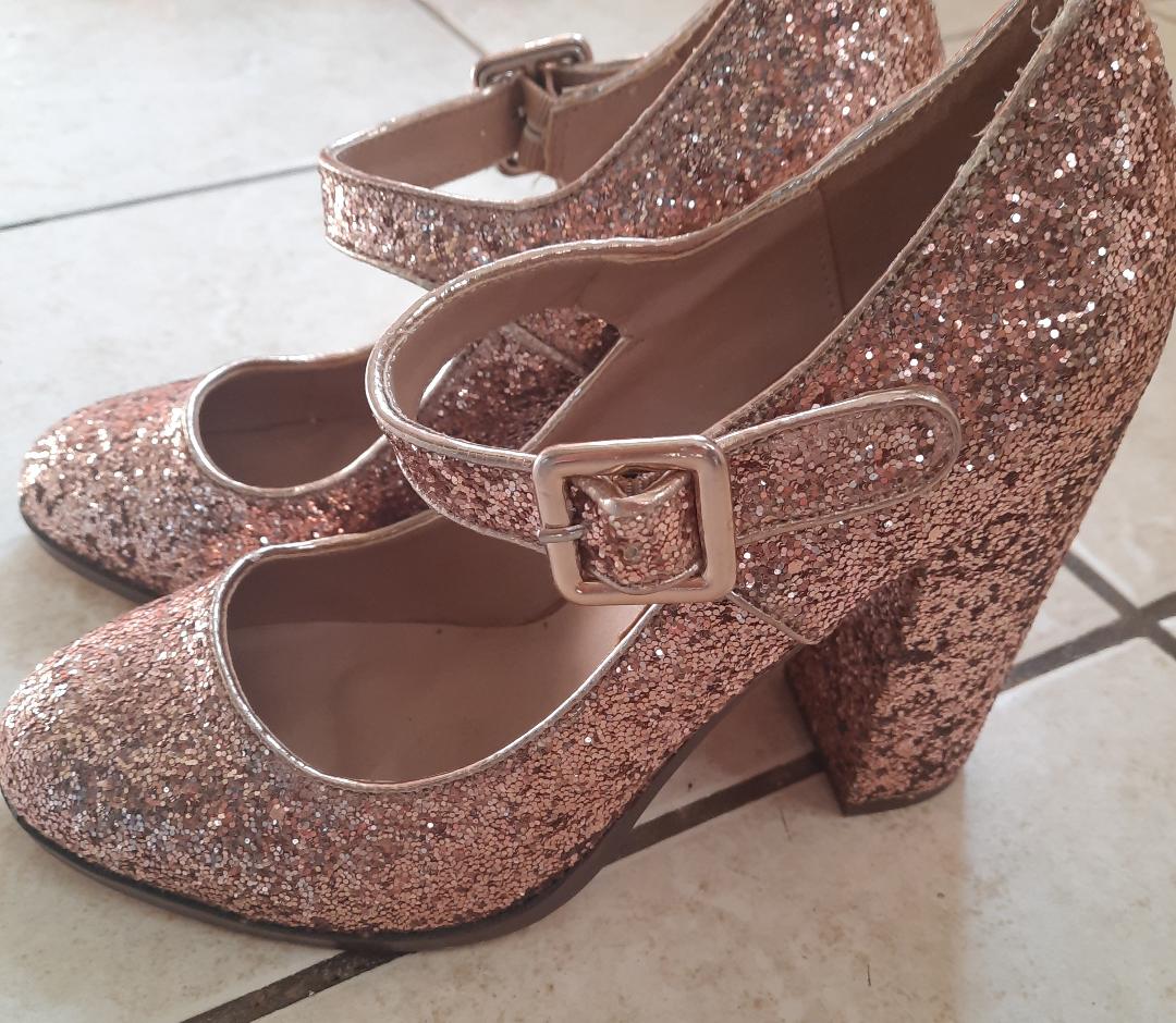 Mix No 6 Rose Pink Glitter Chunky Block Heel, Baby Doll Pumps size 7.5 ladies shoes